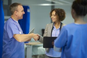 Doctors talking in a hospital.